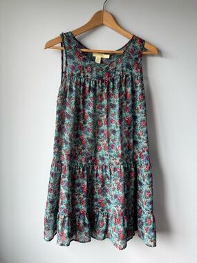 (M) Pins & Needles Teal and Pink Floral Tiered Mini Dress